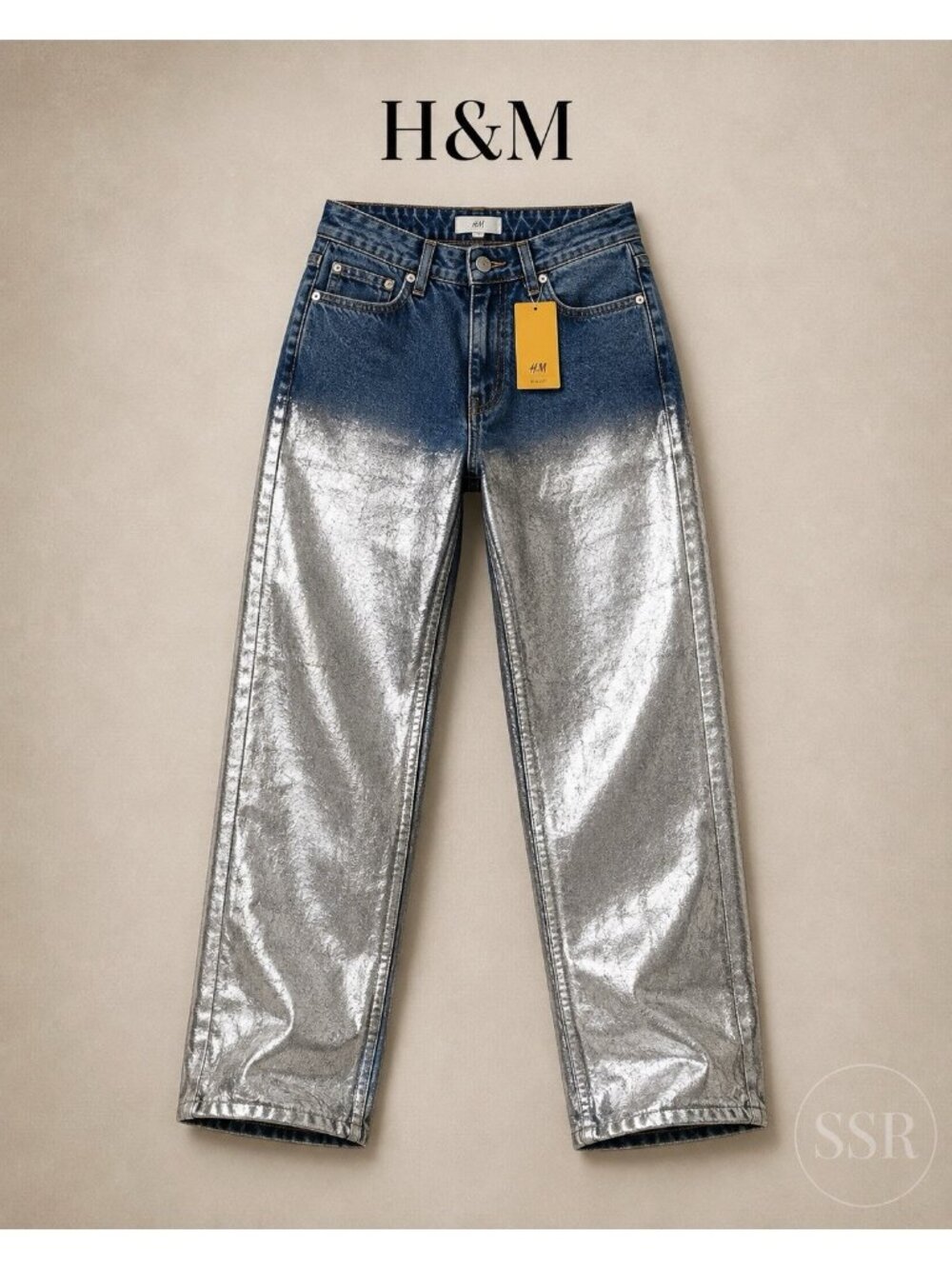 H&M Metallic Silver Ombré High Rise Mom Jeans Straight Leg Size 6 NWT
